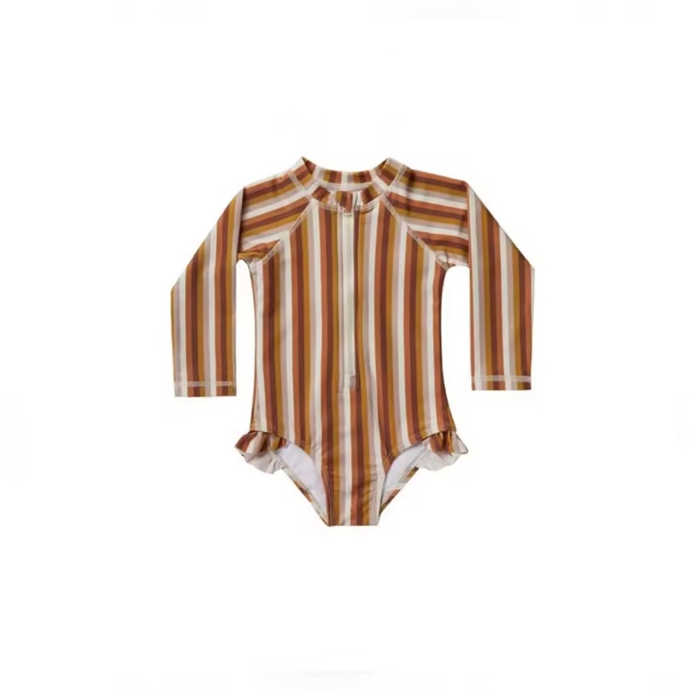 Rylee + Cru Striped Baby Girl Swim One Piece Rash guard Brown Cream, 0-3 months
